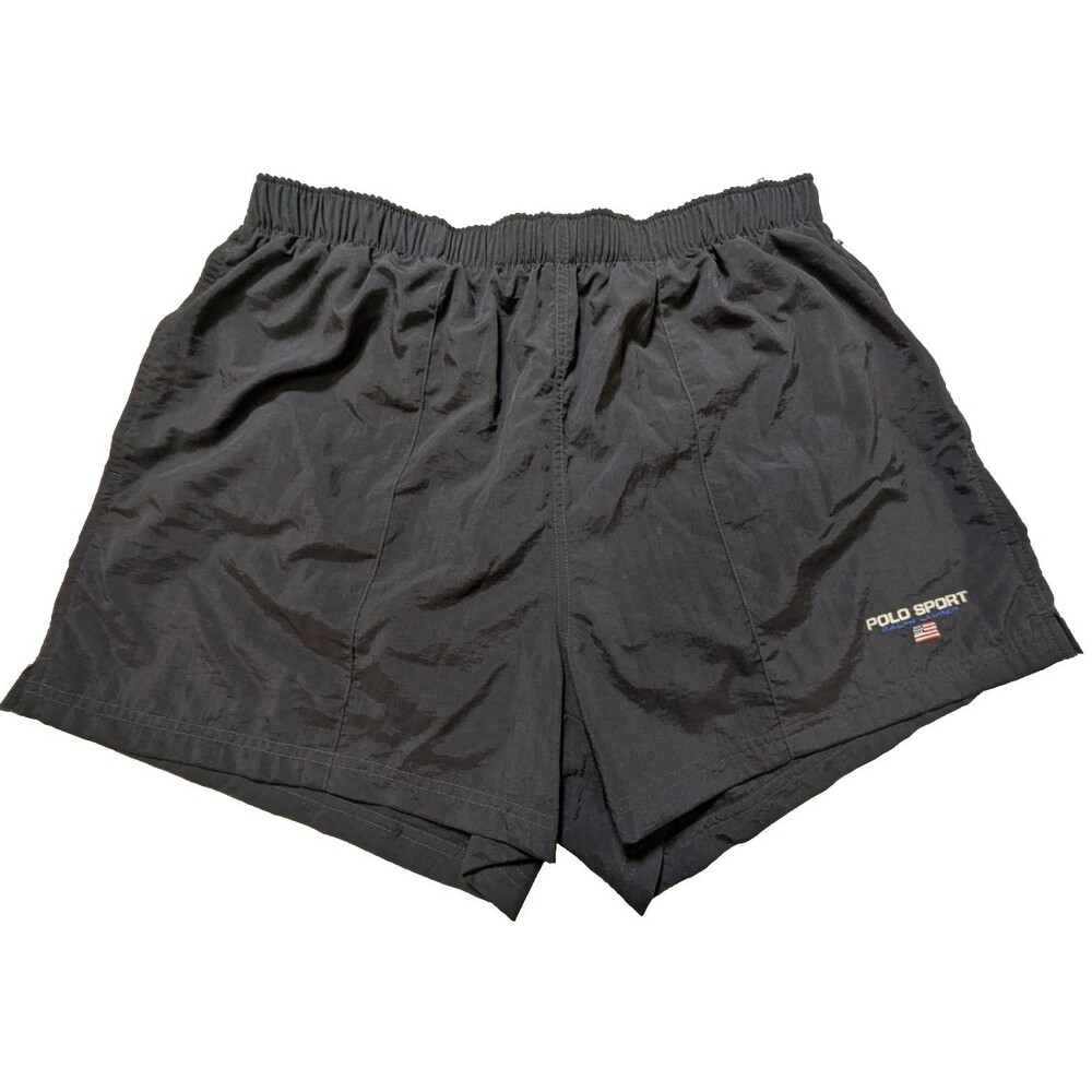 VTG 90s Polo Sport Ralph Lauren Men's Swim Trunks XL Black Nylon Mesh Lined Flag